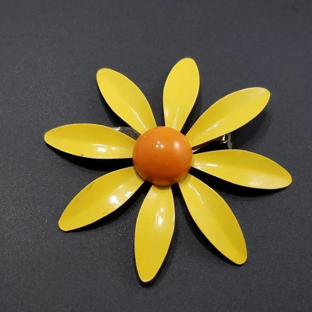 Vintage 1960s Yellow Enamel Daisy Flower Brooch Orange Center Mod Pin Jewelry